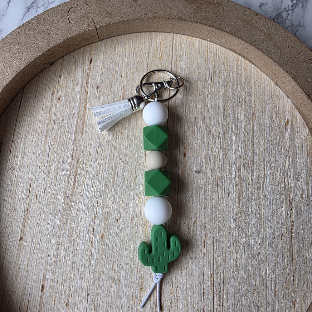Green and White Cactus Keychain for Kids